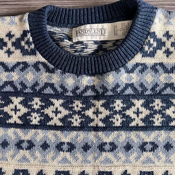 Lands End Vintage Women’s Small 100% Cotton Blue Fair Isle Sweater - Picture 8 of 9